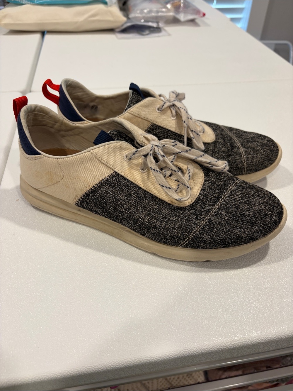 Toms Lace-Up Sneakers in Cream, Charcoal & Navy with Red Pull Tab